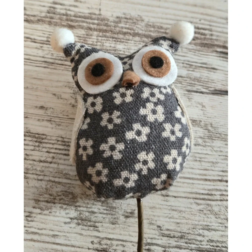 Gray White Floral Fabric Owl Pick 11in Wire Stem Wreath Floral Craft Decor